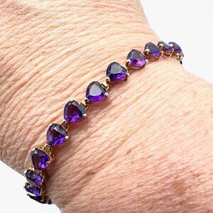14K Yellow Gold Genuine Purple Amethyst Heart Tennis 6.5 inch Bracelet 6.4 Grams